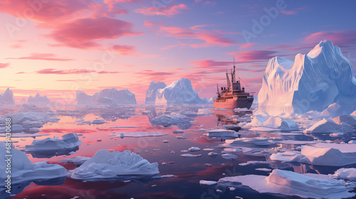 Research Vessel Amidst the Arctic Ice Floes