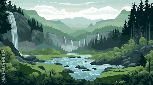 Mountain landscape with waterfall. Vector illustration in flat cartoon style.