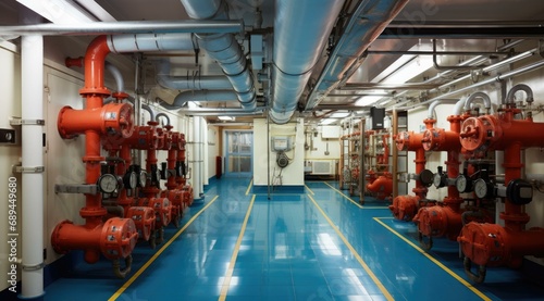 A meticulously maintained central lubrication system room on a cruise ship, vital for smooth engine operation. Pipes and valves line the long hallway. Generative AI.