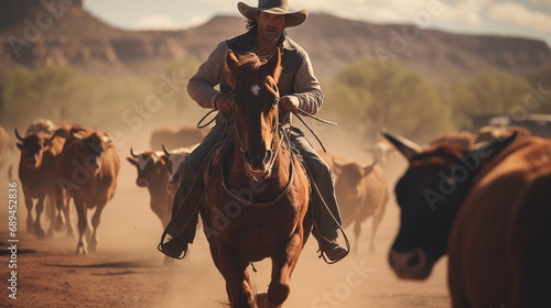 Cowboy Herding Cattle in Dusty Landscape