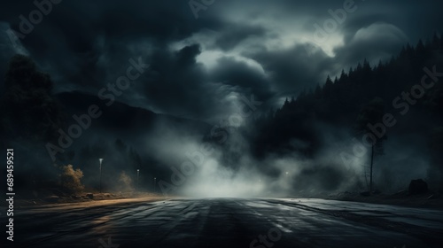 A dark and moody road surrounded by misty forests under stormy clouds, the scene illuminated by sporadic street lights, creating a mysterious and dramatic atmosphere.