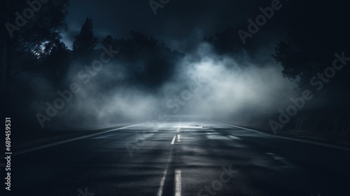 A solitary road stretches into a dense fog, flanked by dark trees under a moody sky, evoking a sense of mystery and anticipation for the unseen ahead.