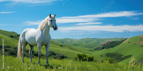 Majestic white horse stands in vibrant green grass against a backdrop of rolling hills under a blue sky
