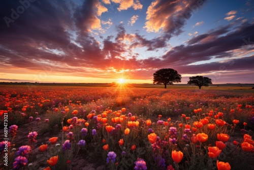 vast field of wildflowers, bathed in the golden light of the setting sun