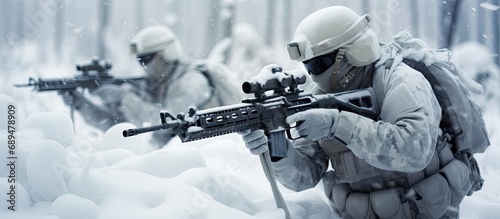Arctic winter warfare operation in cold conditions, with soldiers in winter camo, on a snowy forest battlefield, with rifles. Focus on soldiers.