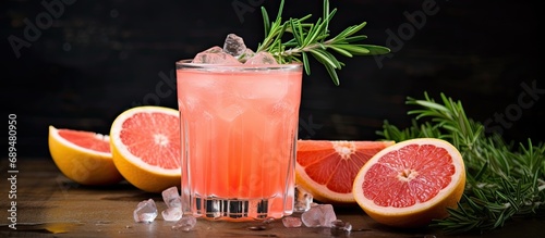 Grapefruit cocktail with lime, rosemary and ice.