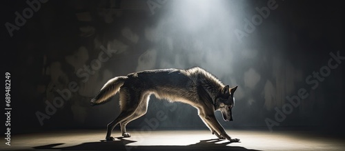 Wolf shadow in studio while doing a handstand, with edited photo