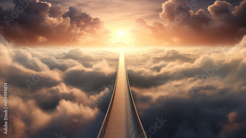 Endless bridge above cloudscape stretching afar into the unknown horizon