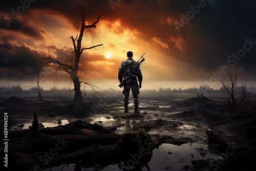 Silhouette of a hunter with a gun in the swamp, A soldier standing alone after the war on the battlefield, AI Generated