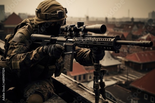Portrait of a special forces soldier with assault rifle on the roof, A U,S, Army sniper looking through the scope on a building rooftop, AI Generated