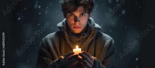 Young man warms hands on candle during winter blackout.
