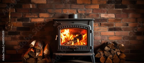 Fire-wood burning in wood-fired stove, rack in front of brick wall.