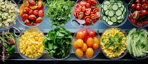 Bird's eye view of salad bar with assorted vegetables and fruits, such as lettuce, tomato, corn, egg, watermelon, carrot, cucumber, and more.