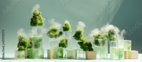 CO2 cubes visualized in tons. Industry emits greenhouse gases and pollution. Reducing emissions to combat climate change.