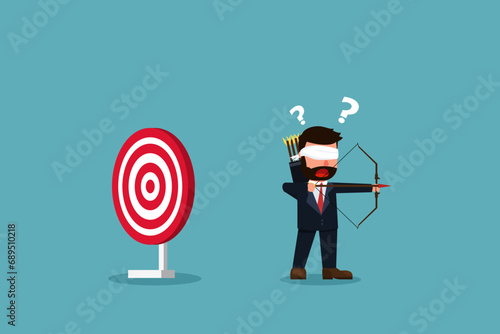 Businessman with closed eyes aiming at target incorrectly. Miss the goal of success. Wrong business goals, wrong goals, conceptualization, wrong strategies, and failure metaphor. Vector illustration
