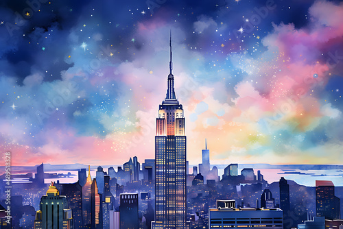 Illustration of New York City skyline with skyscrapers at night