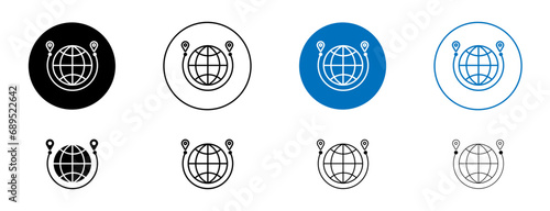 Global distribution line icon set. Global distribution export logistic supply chain in black and blue color.