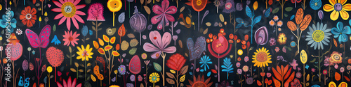 floral seamless pattern with colorful flowers drawn in chalk on blackboard