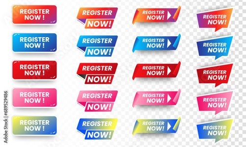 Set of Register now icons button design. Colorful Register button pack for website, ads, UI, and project. vector EPS 10