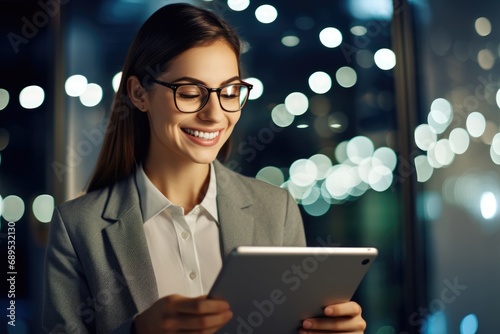 business, technology and people concept - smiling businesswoman with tablet pc computer in office, A woman looking at an i pad concentrated over the data and smiling, AI Generated