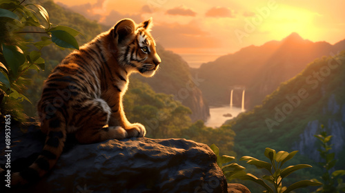 Cute little striped bengal tiger cub standing in a high rock in safari, African wildlife nature, looking at the horizon view of savanna jungles and sunny valleys full of predators and wild cats