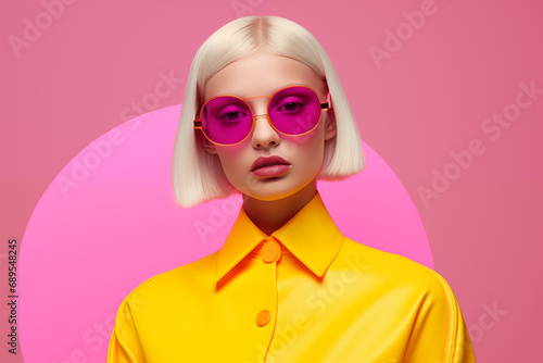 blond model wearing yellow, editorial fashion shoot on pink studio background with circle