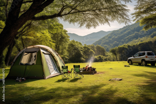 Camping tent on grass campground in green forest. Camp to holiday relax or vacation travel trip . Generative AI