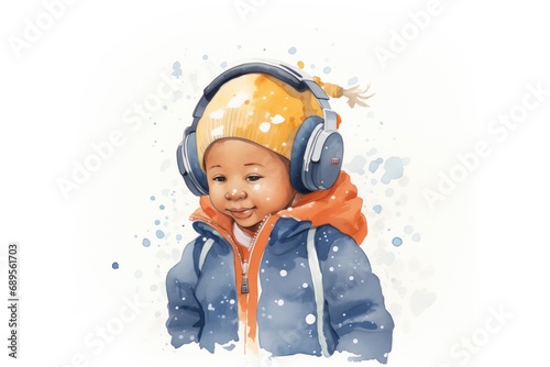 child with earmuffs enchanted by first snow touch
