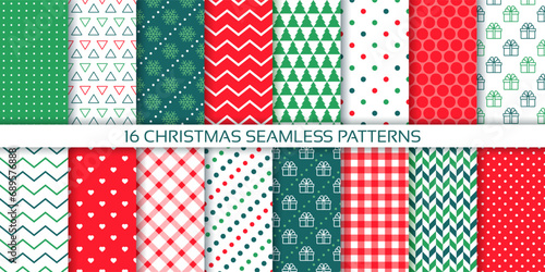 Xmas seamless pattern. Christmas New year print. Backgrounds with gift box, zigzag, snowflake, circles and check. Set red green wrapping papers. Collection festive textures. Vector illustration