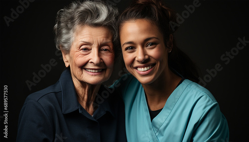Senior care, hug and portrait of nurse with patient for medical help, healthcare or physiotherapy. Charity, volunteer caregiver and face of black woman at nursing home for disability rehabilitation 