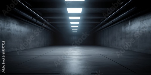 Dark Concrete Led White Lights Underground Tunnel Corridor Cement Asphalt Hallway Warehouse Tunnel Corridor Metal Structure Realistic Empty 3D, Generative AI