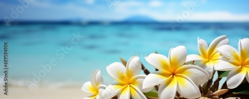 Plumeria (Frangipani) on tropical sea and beach blue sky background, Summer festive time. Generative AI