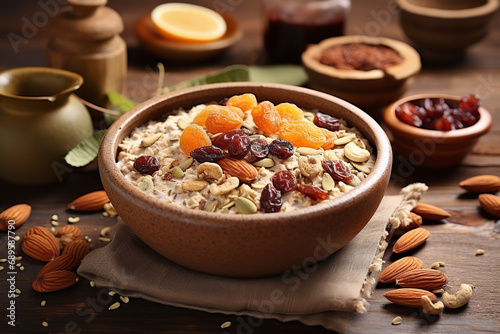 An image depicting a rustic homemade muesli cereal in a clay bowl - consisting of a mix of oats - dried fruits - and nuts - symbolizing an artisanal breakfast and natural simplicity.