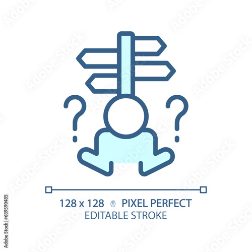 2D pixel perfect editable blue indecisiveness icon, isolated monochromatic vector, thin line illustration representing psychology.