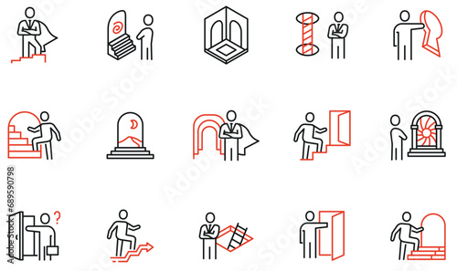 Vector Set of Linear Icons Related to Problem Solving, Decision-Making, Comfort Zone, Personal Challenge, Striving for Development. Mono line pictograms and infographics design elements