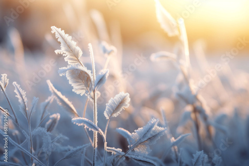 Beautiful frosty winter morning, frozen or frost-covered plants against a beautiful sunrise background.generative ai