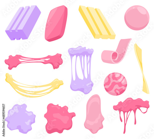 Bubble gum splashes set. Cartoon chewy sweet candies. Stains and sticky stretchy forms. Children bubblegum. Vector illustration