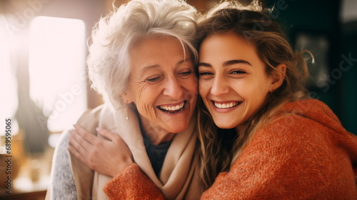 Lovely smiling happy elderly parent mom with young adult daughter two women together wearing casual clothes hugging cuddle kiss