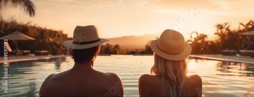 Couple enjoying sunset from infinity pool at tropical island resort hotel. Romantic beach getaway holiday. banner with copy space.