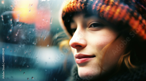 gros plan d'une jeune femme avec un bonnet en laine multicolore derrière une vitre embuée et humide en hiver