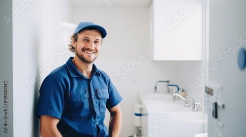 Smiling plumber in blue uniform standing in bathroom. Plumbing services banner with copy space.