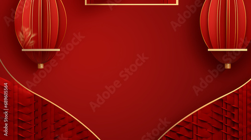 two red chinese lanterns with golden trim on red background, in the style of abstract geometrics, rectangular fields