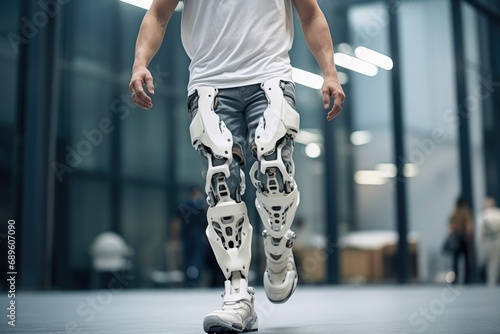 Man walking with Futuristic Cyber Prosthetic Leg, Modern technology in prosthetic leg for disability people.