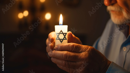 With a burning candle that bears the Star of David, an elderly man emphasizes the significance of International Holocaust Remembrance Day. January 27 is remembered as Memory Day. Banner, copy space