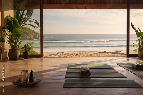 A seaside yoga retreat offering ocean-inspired sessions in a tranquil environment - perfect for wellness enthusiasts seeking to combine mindful practices with the calming sea ambiance.