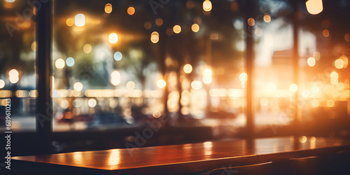 Empty outdoor café table at night with blurred street bokeh and reflections, perfect web background The night light in a party when people is enjoying and laughing Beautiful blur background AI Genera