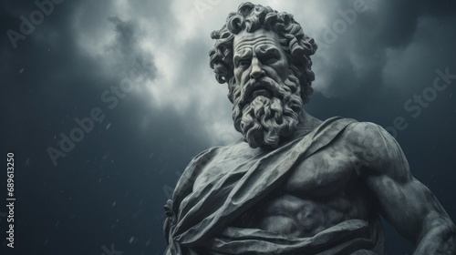muscular statue of a greek philosopher on a cloudy background