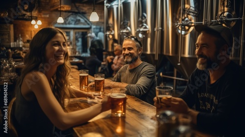 Group of people tasting beer, Friends enjoying a fine beer at a local brewery.