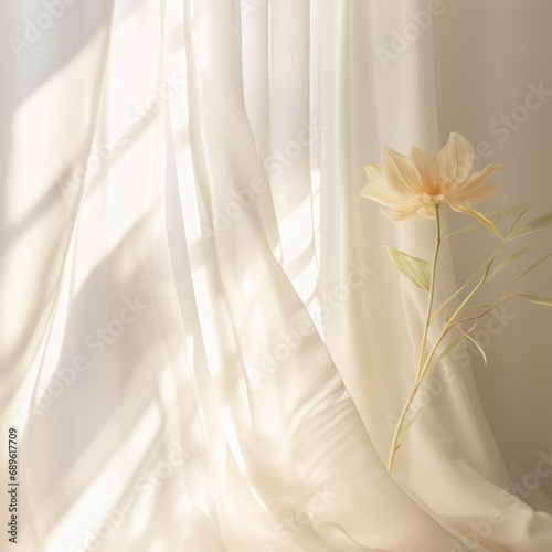 A lone flower on a sheer curtain softly backlit by sunlight, creating an atmosphere of calm