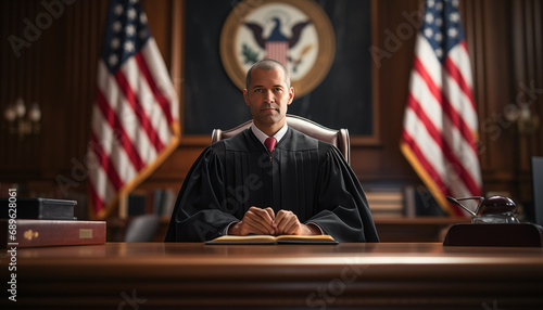 portrait of the American chief justice in the courtroom against the background of the American flag. sentencing of the defendant.